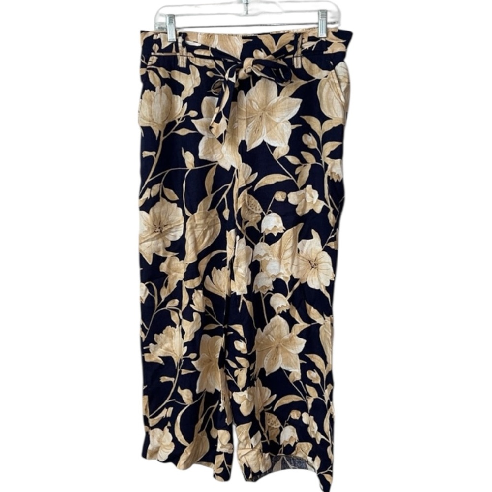 Joie Floral Linen Wide-Leg Ankle Crop Pants Navy And Tan Size 8